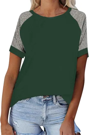 Women's Short Raglan Sleeve T-Shirts Trendy Casual Color Block Crewneck Tops Daily Outdoor Loose Fit Spring Shirts