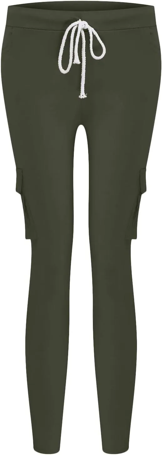 Womens Skinny Cargo Pants Casual Drawstring High Waist Stretch Cargo Joggers Butt Lift Pencil Trousers with Pockets