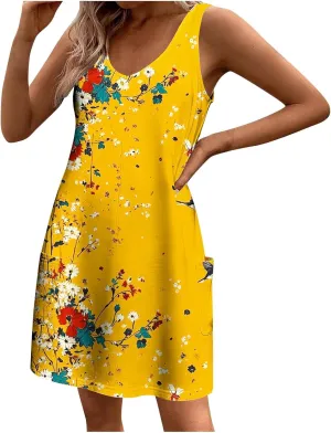 Womens Sleeveless Floral Print Mini Dress Casual Summer Sundress with Pockets Lightweight A Line Vacation Dresses
