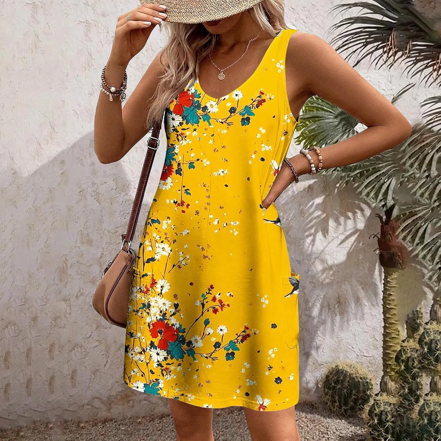 Womens Sleeveless Floral Print Mini Dress Casual Summer Sundress with Pockets Lightweight A Line Vacation Dresses