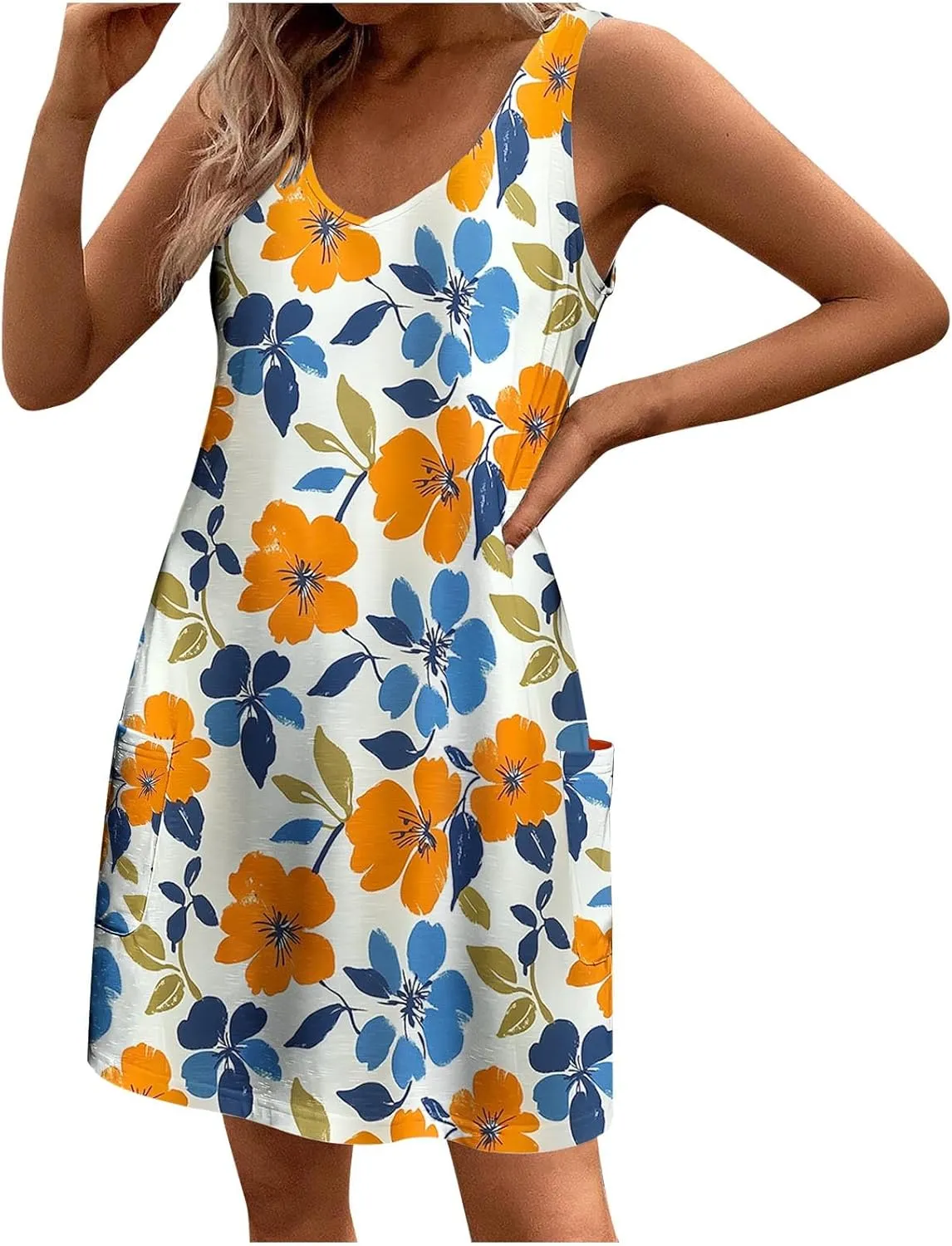 Womens Sleeveless Floral Print Mini Dress Casual Summer Sundress with Pockets Lightweight A Line Vacation Dresses