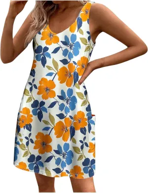 Womens Sleeveless Floral Print Mini Dress Casual Summer Sundress with Pockets Lightweight A Line Vacation Dresses