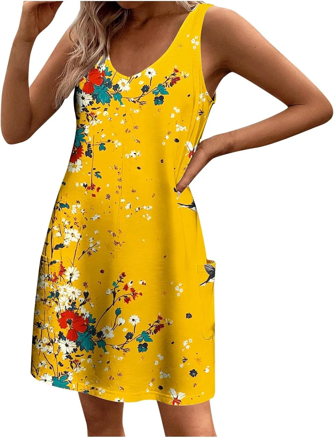 Womens Sleeveless Floral Print Mini Dress Casual Summer Sundress with Pockets Lightweight A Line Vacation Dresses