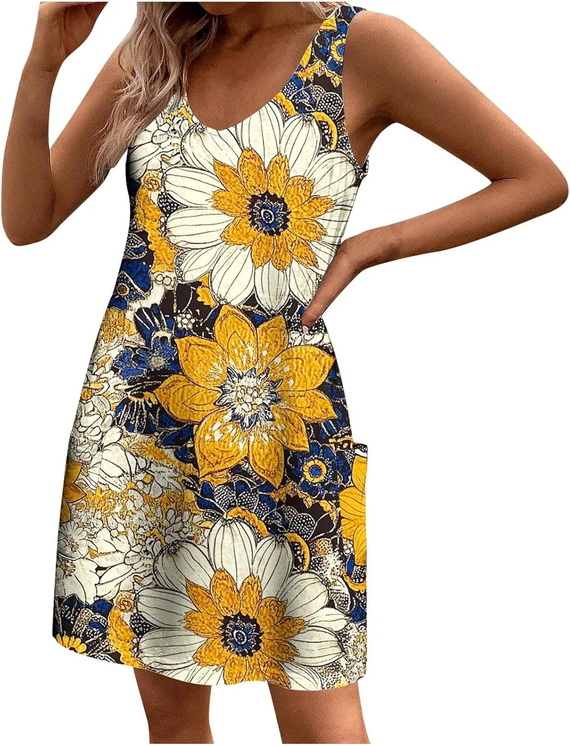 Womens Sleeveless Floral Print Mini Dress Casual Summer Sundress with Pockets Lightweight A Line Vacation Dresses