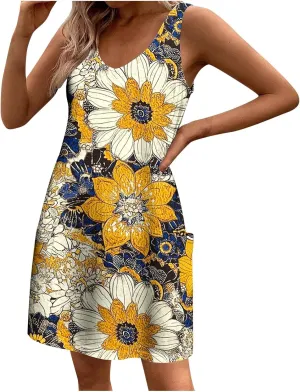 Womens Sleeveless Floral Print Mini Dress Casual Summer Sundress with Pockets Lightweight A Line Vacation Dresses