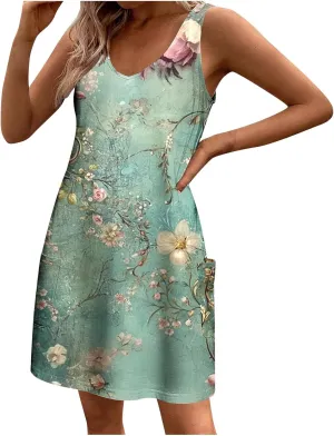 Womens Sleeveless Floral Print Mini Dress Casual Summer Sundress with Pockets Lightweight A Line Vacation Dresses