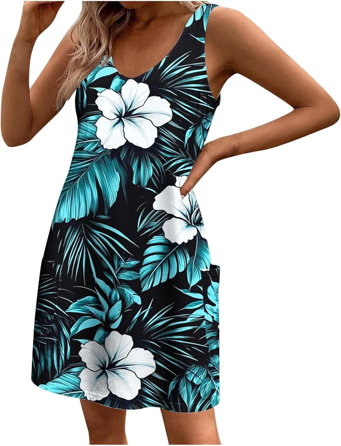 Womens Sleeveless Floral Print Mini Dress Casual Summer Sundress with Pockets Lightweight A Line Vacation Dresses