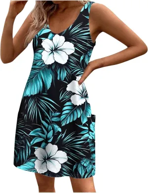 Womens Sleeveless Floral Print Mini Dress Casual Summer Sundress with Pockets Lightweight A Line Vacation Dresses