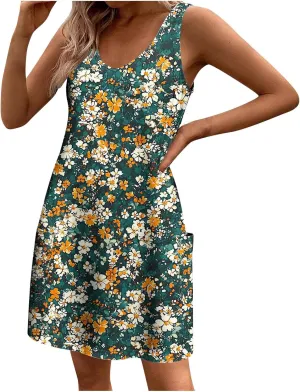 Womens Sleeveless Floral Sundress Summer Casual Mini Dress with Pockets Lightweight A Line Dress for Travel Picnic