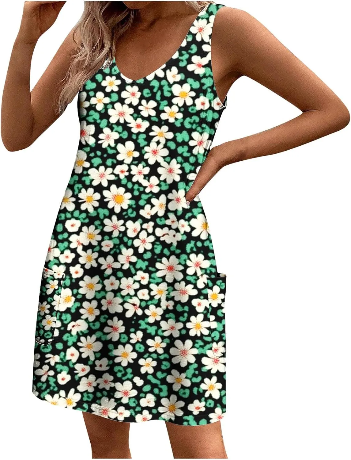 Womens Sleeveless Floral Sundress Summer Casual Mini Dress with Pockets Lightweight A Line Dress for Travel Picnic