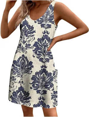 Womens Sleeveless Floral Sundress Summer Casual Mini Dress with Pockets Lightweight A Line Dress for Travel Picnic