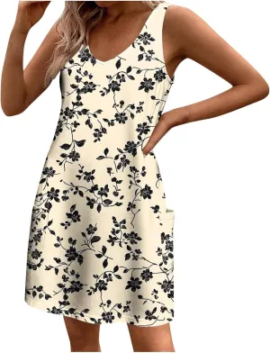 Womens Sleeveless Floral Sundress Summer Casual Mini Dress with Pockets Lightweight A Line Dress for Travel Picnic