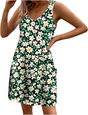 Womens Sleeveless Floral Sundress Summer Casual Mini Dress with Pockets Lightweight A Line Dress for Travel Picnic