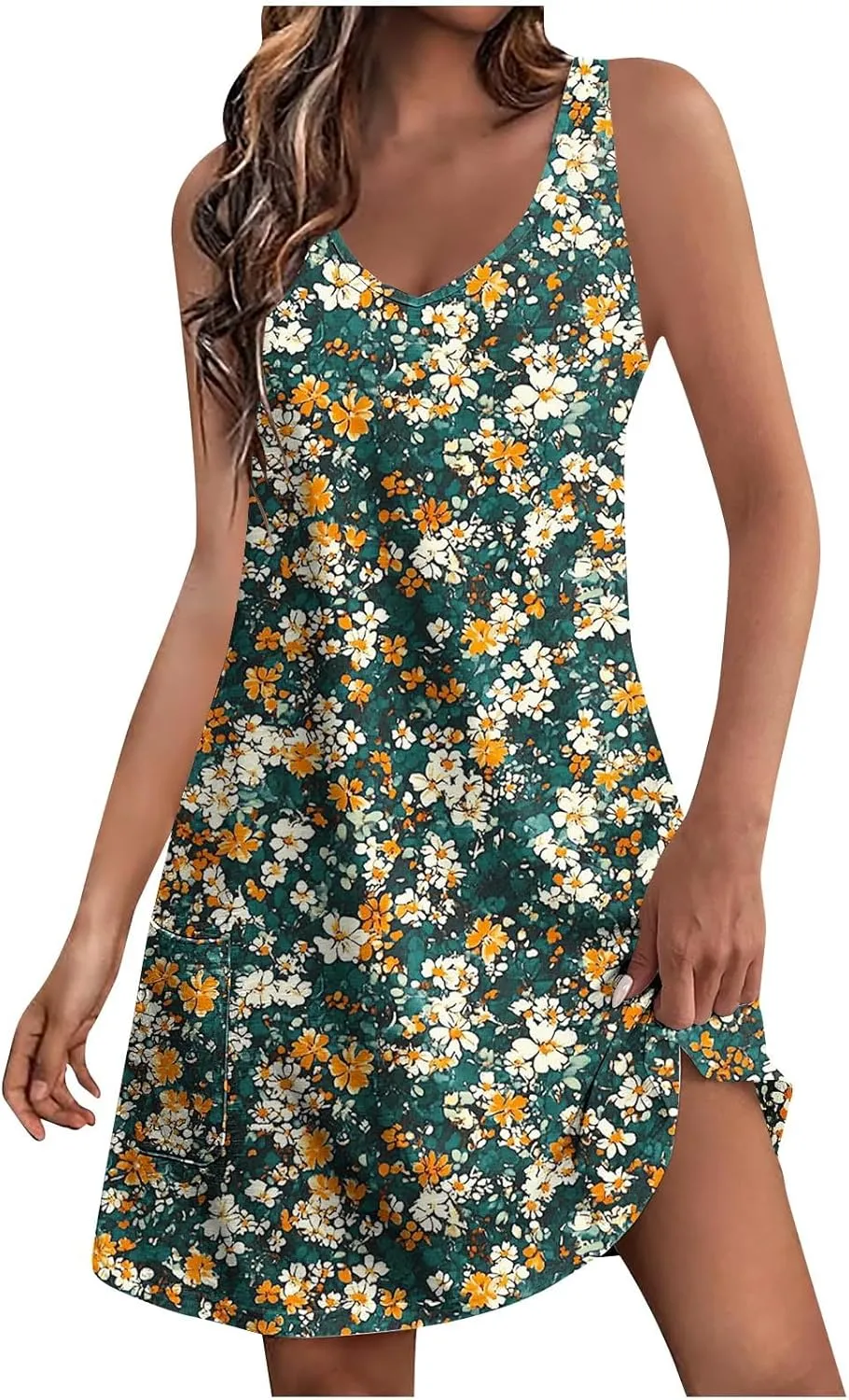 Womens Sleeveless Floral Sundress Summer Casual Mini Dress with Pockets Lightweight A Line Dress for Travel Picnic