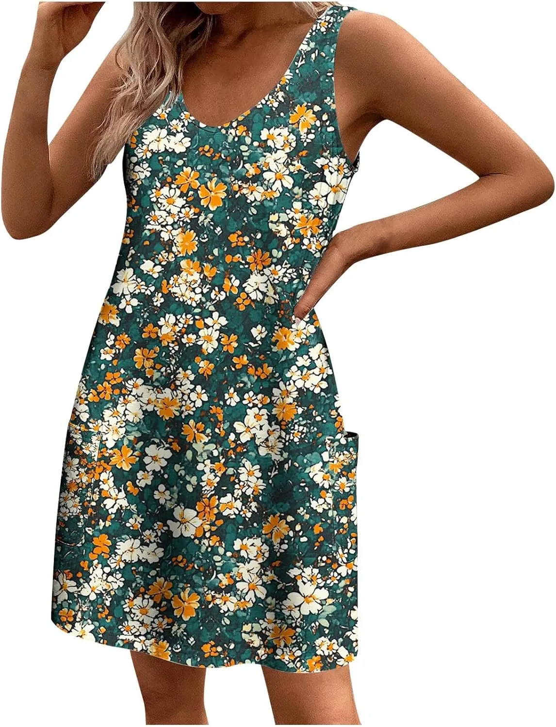 Womens Sleeveless Floral Sundress Summer Casual Mini Dress with Pockets Lightweight A Line Dress for Travel Picnic