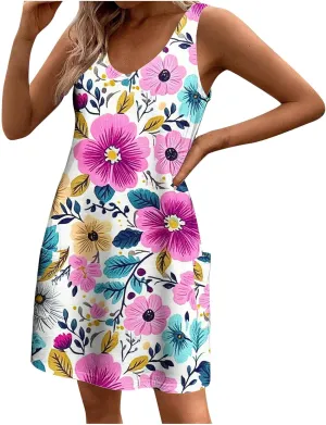 Womens Sleeveless Floral Sundress Summer Casual Mini Dress with Pockets Lightweight A Line Dress for Travel Picnic