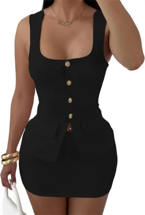 Women's Summer 2 Piece Outfit Sleeveless Blazer Vest Mini Skirt Set Elegant Button-Up Suit Matching Workwear
