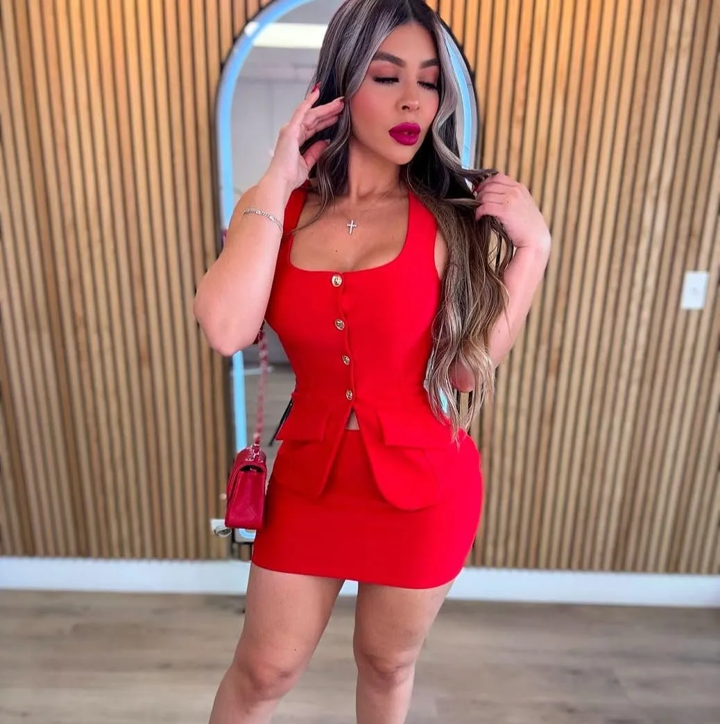 Women's Summer 2 Piece Outfit Sleeveless Blazer Vest Mini Skirt Set Elegant Button-Up Suit Matching Workwear