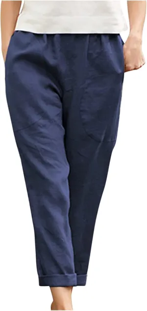 Women's Summer Cotton Linen Straight Pants Elastic Waist Casual Capri Pants Solid Large Lounge Beach Trousers Pockets