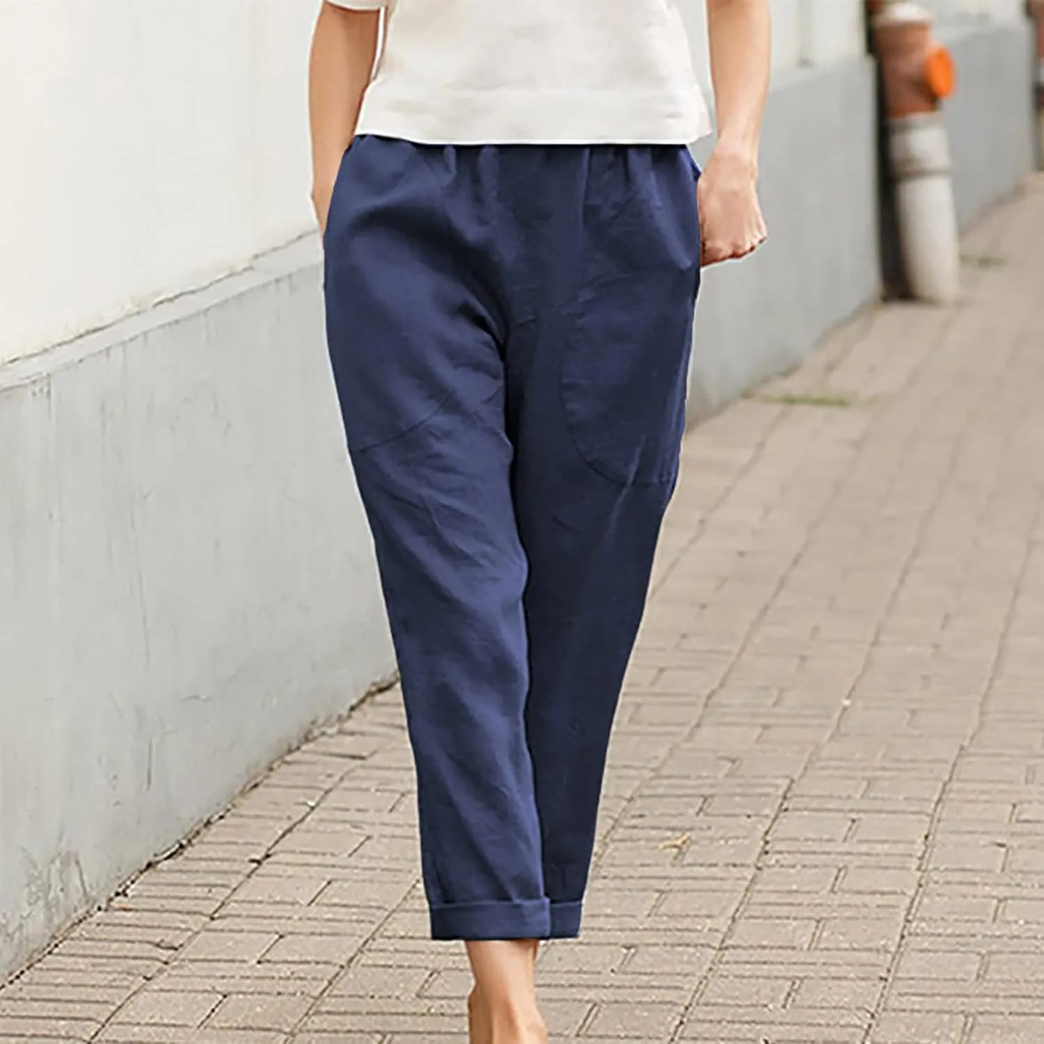 Women's Summer Cotton Linen Straight Pants Elastic Waist Casual Capri Pants Solid Large Lounge Beach Trousers Pockets