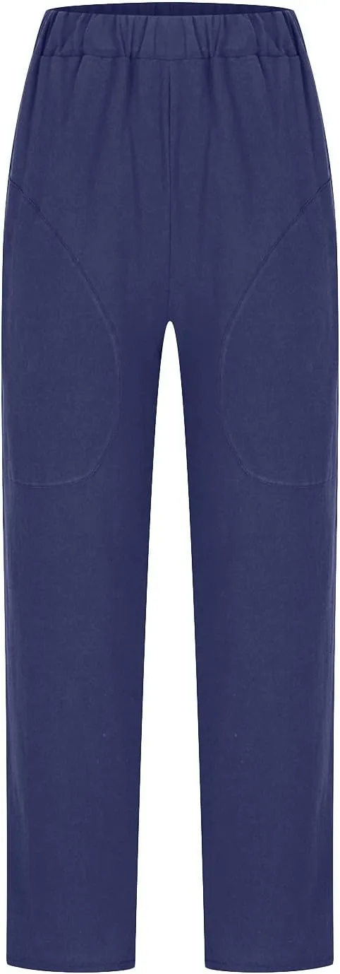 Women's Summer Cotton Linen Straight Pants Elastic Waist Casual Capri Pants Solid Large Lounge Beach Trousers Pockets