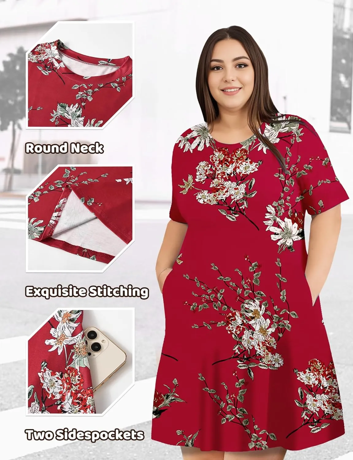 Womens Summer Dresses 2024 Casual Loose T-Shirt Short Sleeve Plus Size Flowy Sundresses with Pockets