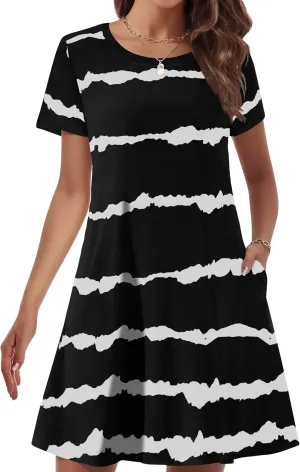 Womens Summer Dresses 2024 Casual Loose T-Shirt Short Sleeve Plus Size Flowy Sundresses with Pockets