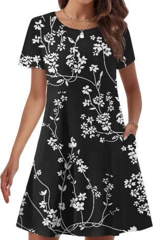 Womens Summer Dresses 2024 Casual Loose T-Shirt Short Sleeve Plus Size Flowy Sundresses with Pockets