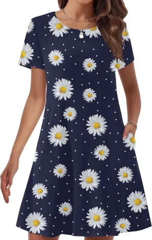 Womens Summer Dresses 2024 Casual Loose T-Shirt Short Sleeve Plus Size Flowy Sundresses with Pockets