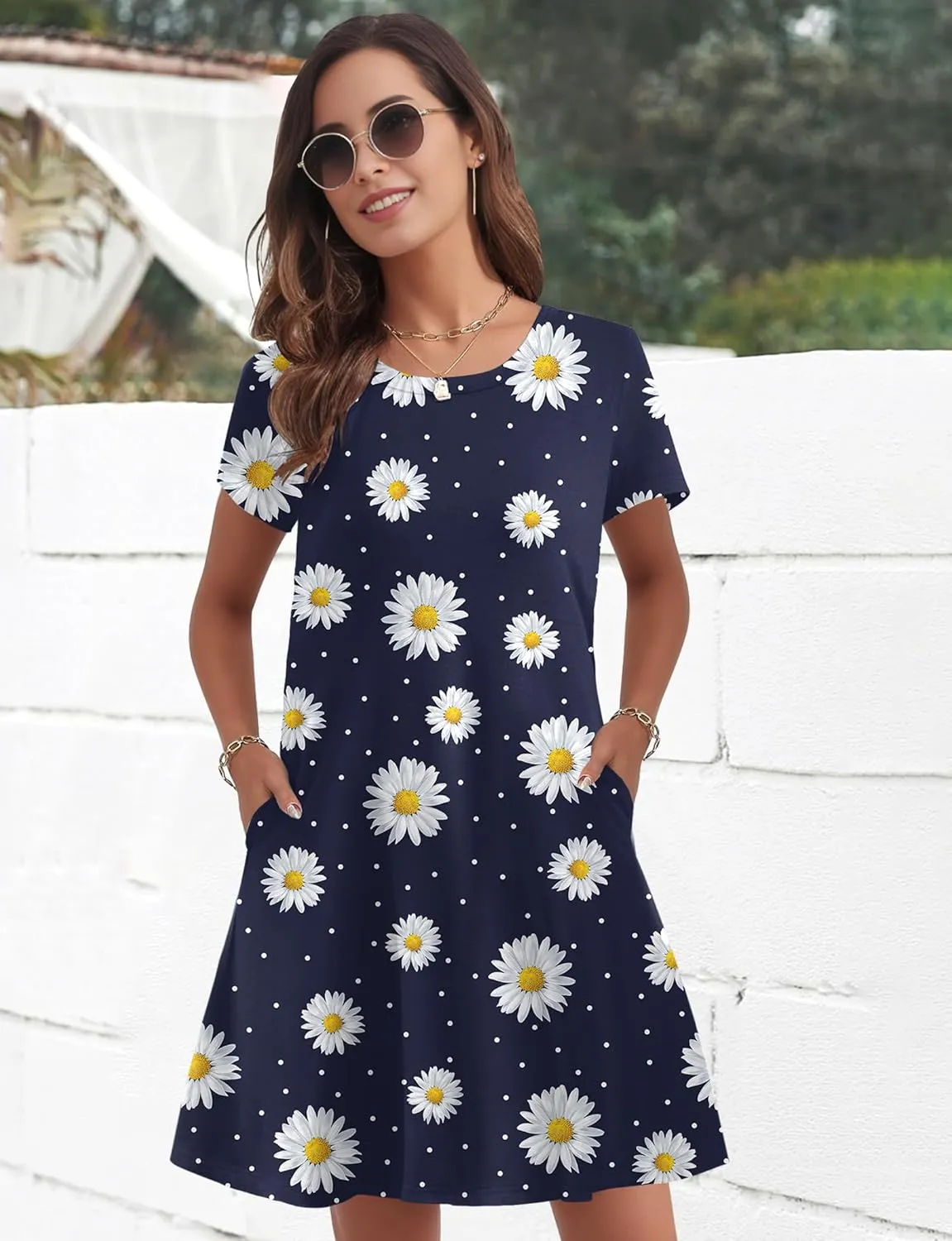 Womens Summer Dresses 2024 Casual Loose T-Shirt Short Sleeve Plus Size Flowy Sundresses with Pockets
