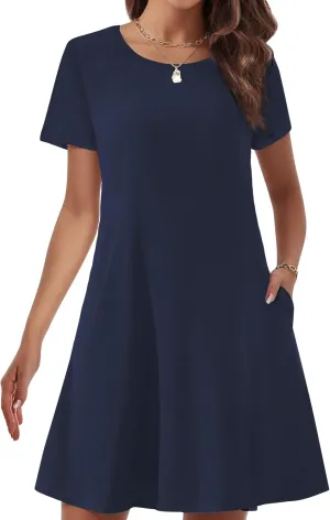 Womens Summer Dresses 2024 Casual Loose T-Shirt Short Sleeve Plus Size Flowy Sundresses with Pockets