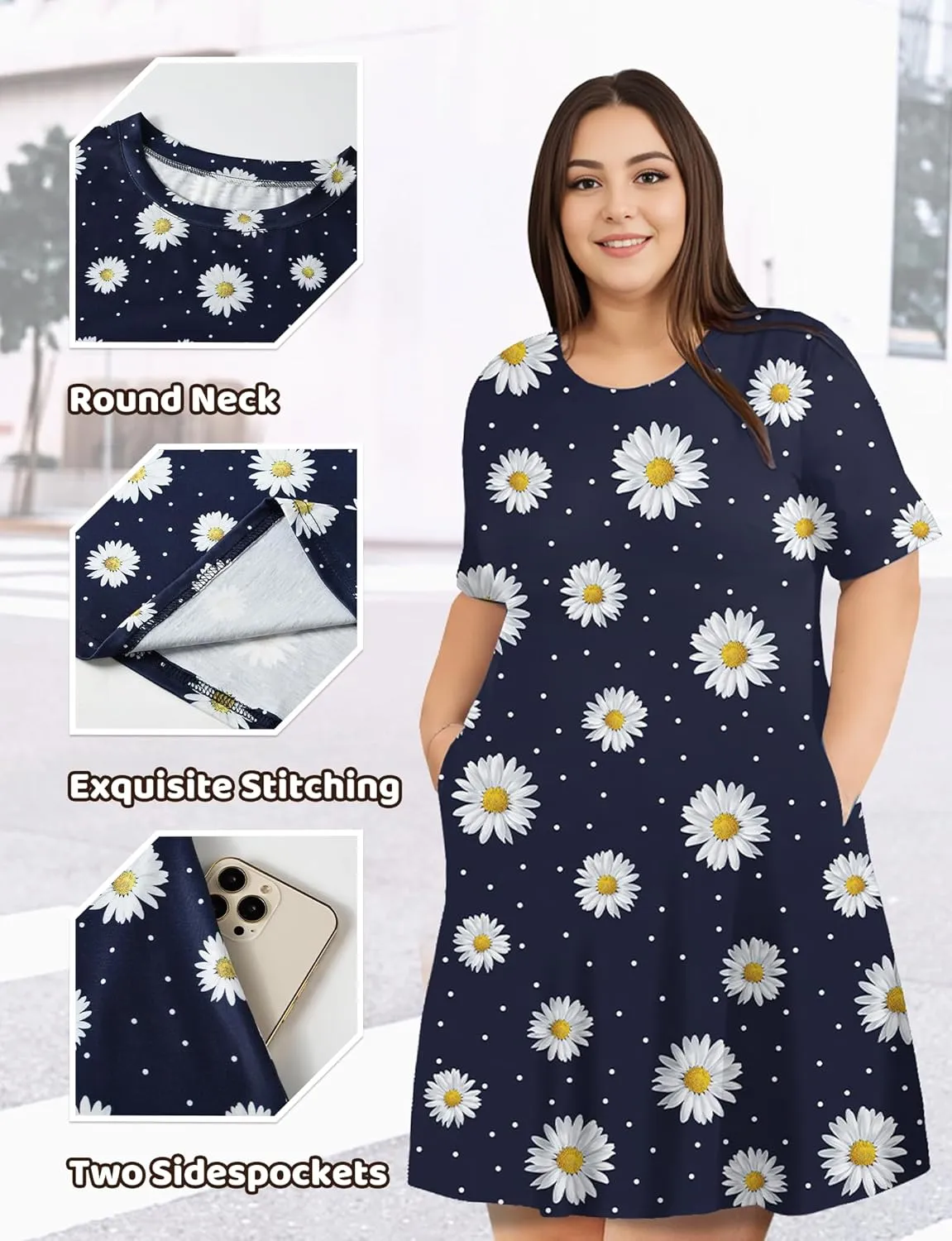 Womens Summer Dresses 2024 Casual Loose T-Shirt Short Sleeve Plus Size Flowy Sundresses with Pockets