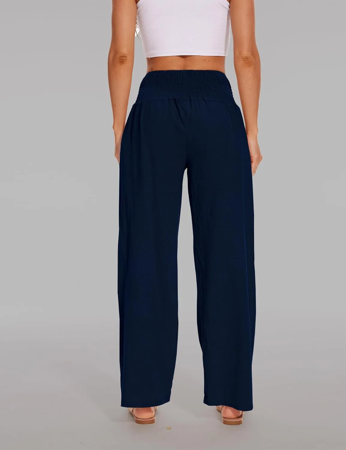Women's Summer Palazzo Pants Linen High Waist Wide Leg Lounge Pant Casual Vacation Outfits with Pockets
