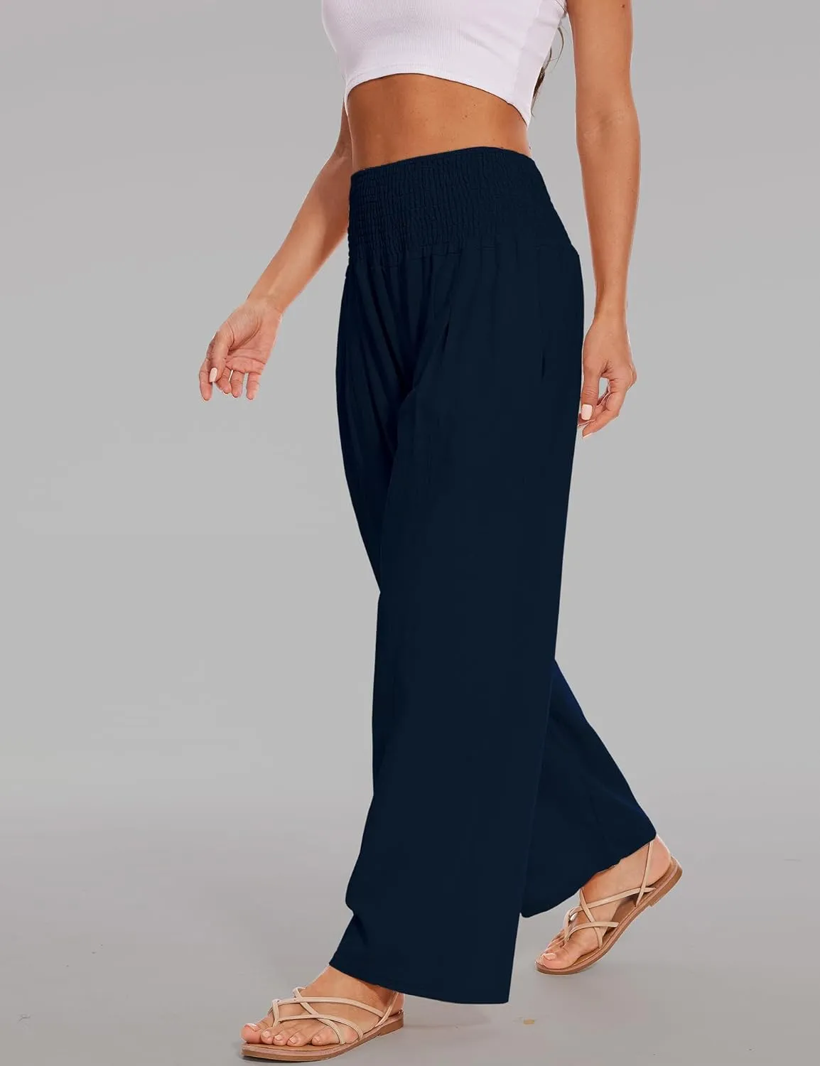 Women's Summer Palazzo Pants Linen High Waist Wide Leg Lounge Pant Casual Vacation Outfits with Pockets