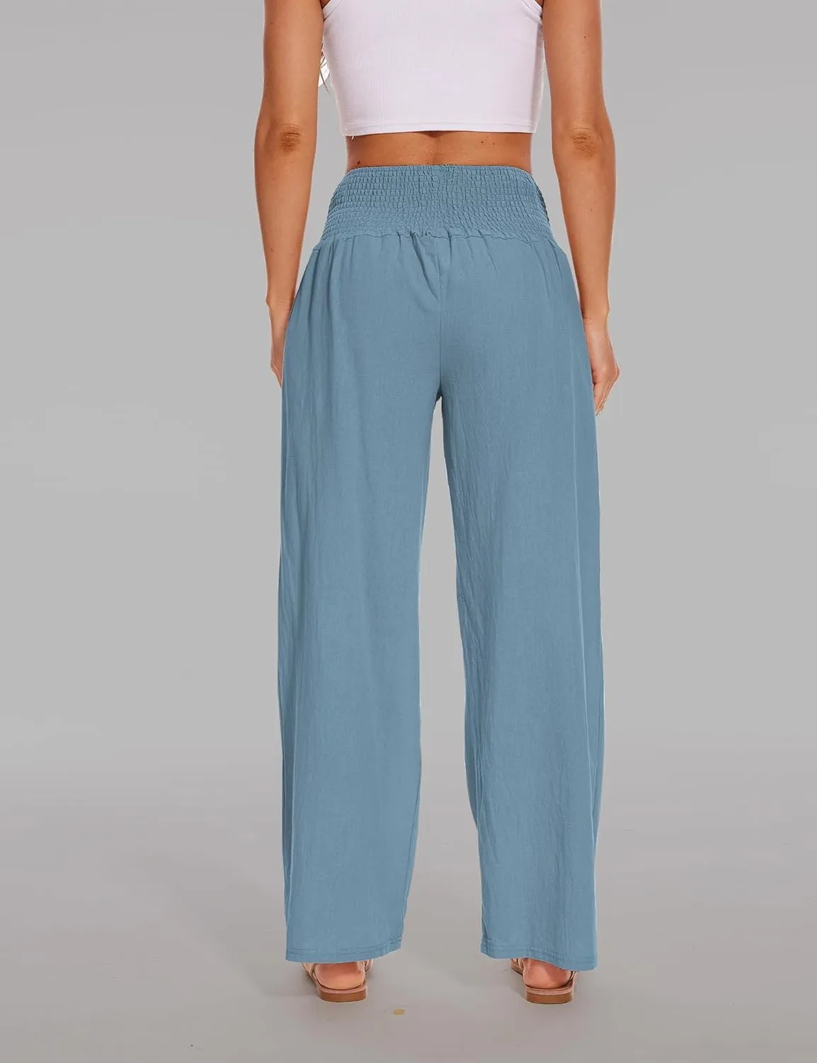Women's Summer Palazzo Pants Linen High Waist Wide Leg Lounge Pant Casual Vacation Outfits with Pockets