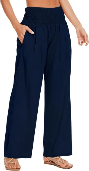 Women's Summer Palazzo Pants Linen High Waist Wide Leg Lounge Pant Casual Vacation Outfits with Pockets