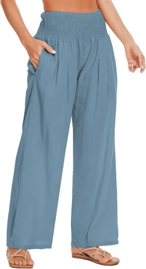 Women's Summer Palazzo Pants Linen High Waist Wide Leg Lounge Pant Casual Vacation Outfits with Pockets