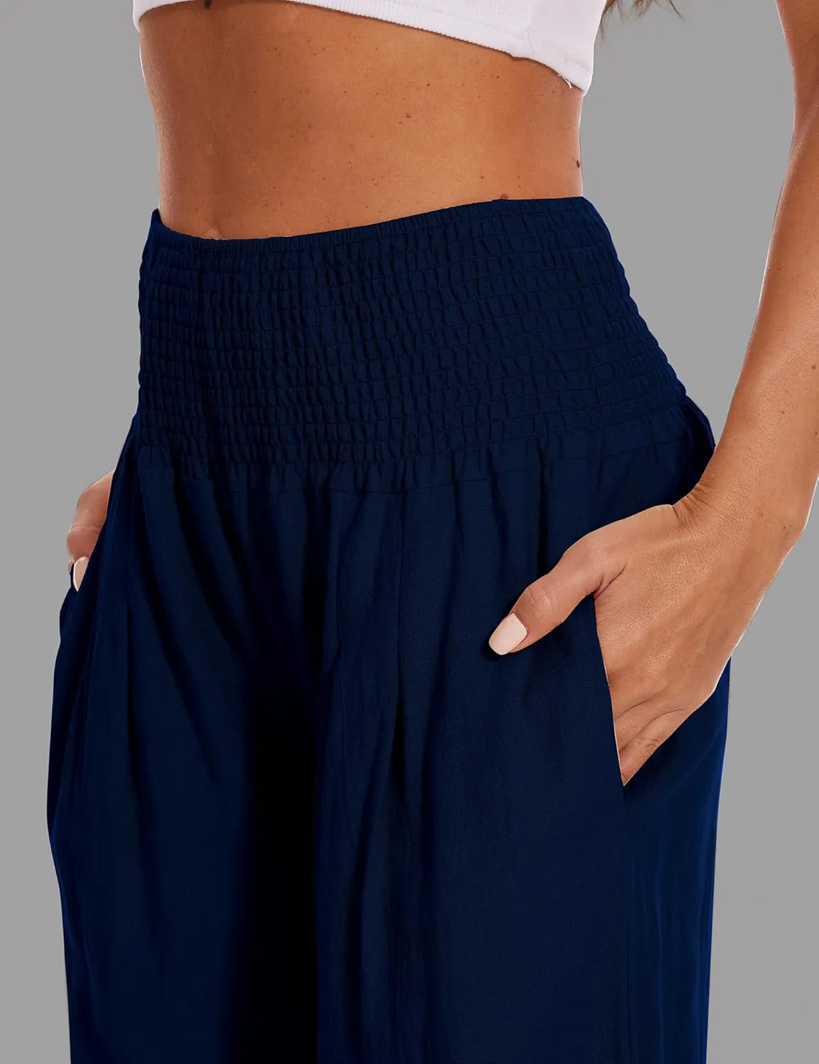 Women's Summer Palazzo Pants Linen High Waist Wide Leg Lounge Pant Casual Vacation Outfits with Pockets