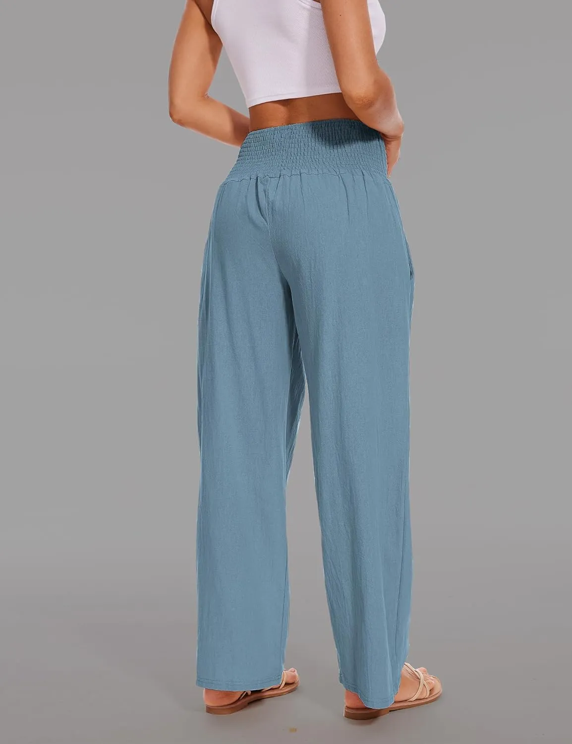 Women's Summer Palazzo Pants Linen High Waist Wide Leg Lounge Pant Casual Vacation Outfits with Pockets