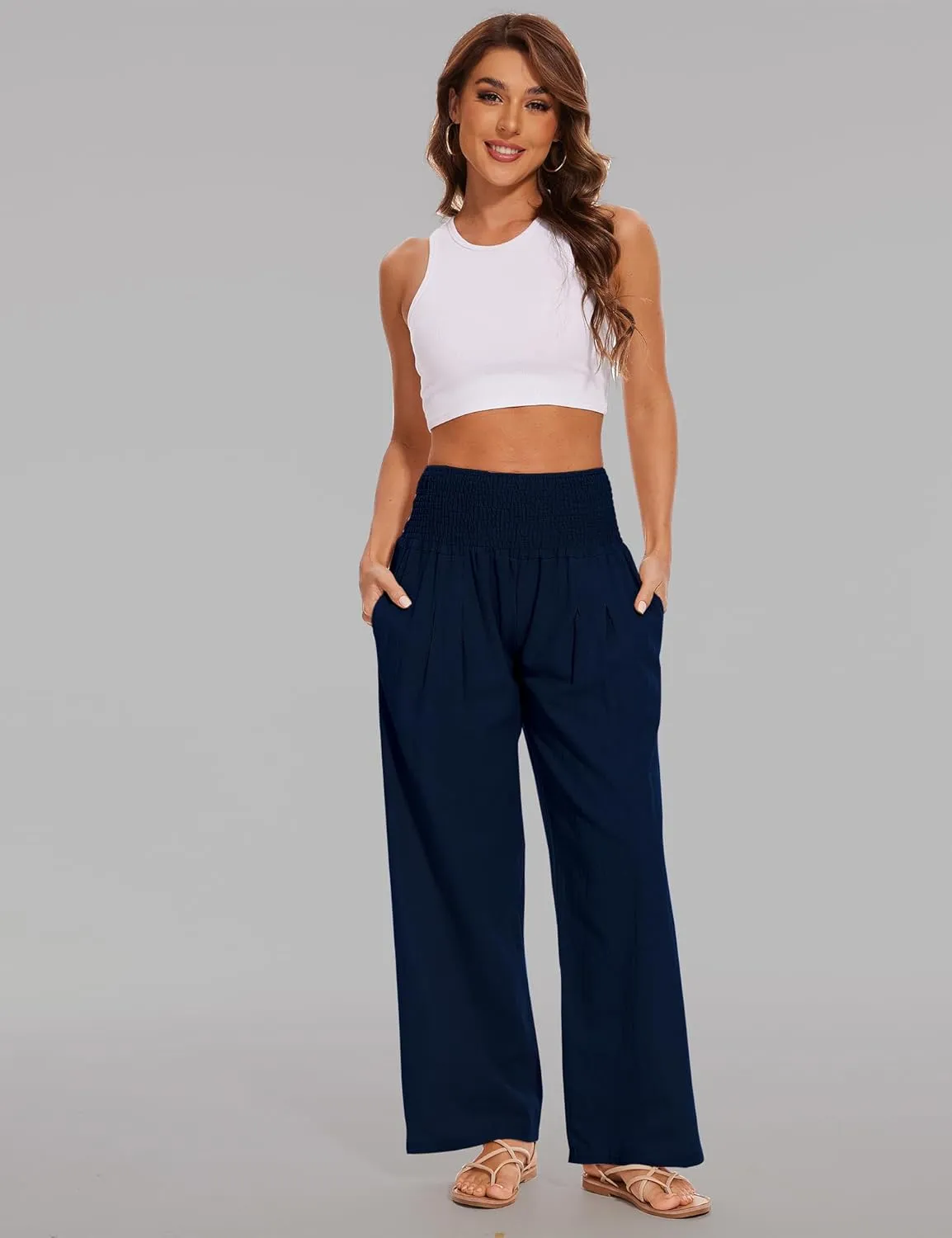 Women's Summer Palazzo Pants Linen High Waist Wide Leg Lounge Pant Casual Vacation Outfits with Pockets