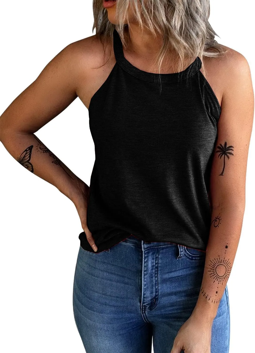 Womens Summer Sleeveless High Neck Halter Tank Tops Basic Casual Cami Shirts Tees