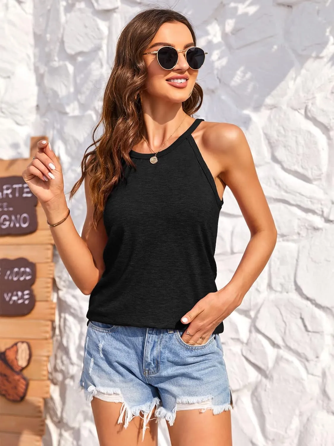 Womens Summer Sleeveless High Neck Halter Tank Tops Basic Casual Cami Shirts Tees