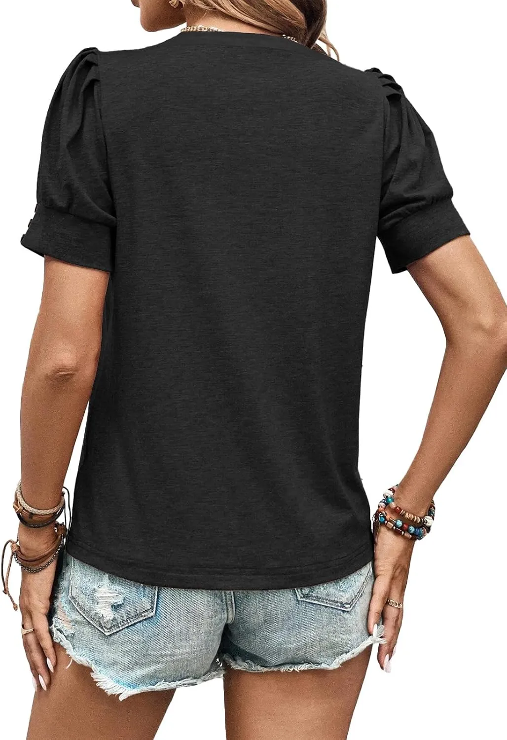 Womens Summer Tops 2025 Puff Short Sleeves Shirts Dressy Casual Tee Ladies Blouses Stylish T-Shirts Cute Spring Tshirts