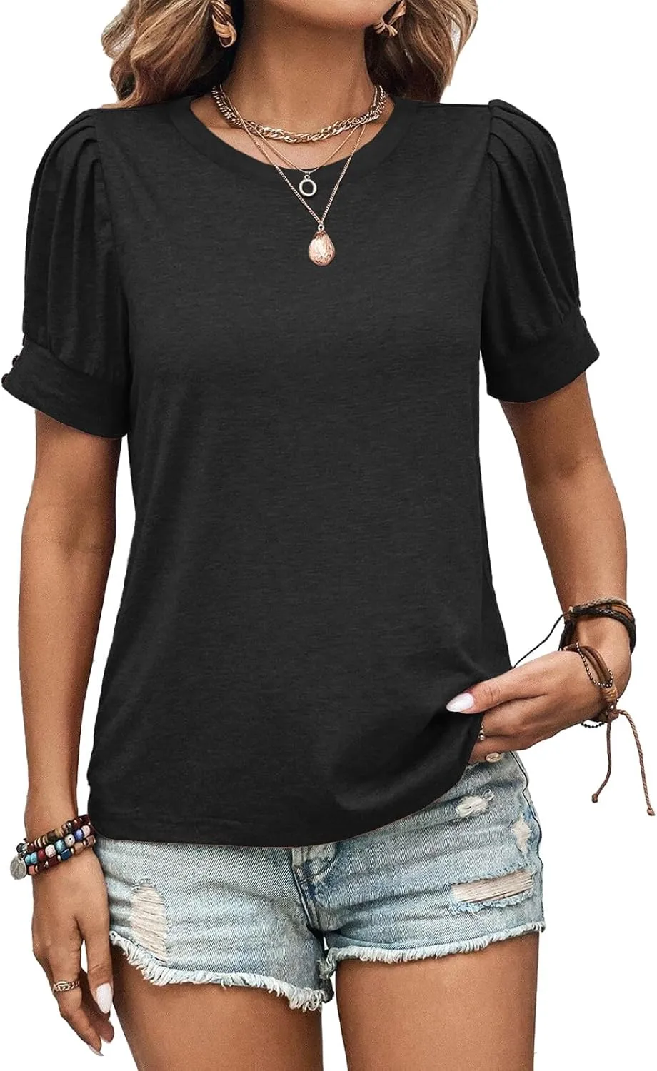 Womens Summer Tops 2025 Puff Short Sleeves Shirts Dressy Casual Tee Ladies Blouses Stylish T-Shirts Cute Spring Tshirts