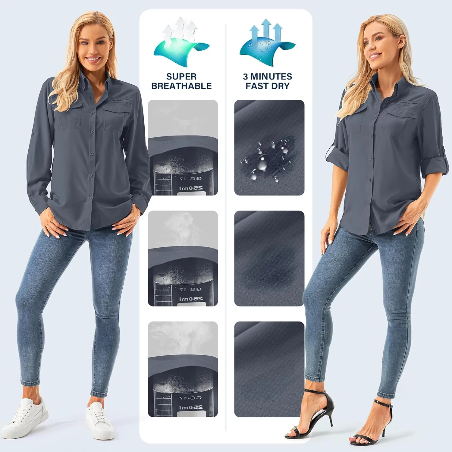 Womens UPF 50  UV Sun Protection Safari Shirts Long Sleeve Outdoor Cool Quick Dry Fishing Hiking Gardening Shirts
