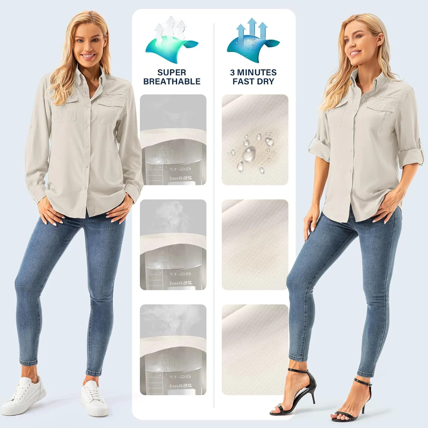 Womens UPF 50  UV Sun Protection Safari Shirts Long Sleeve Outdoor Cool Quick Dry Fishing Hiking Gardening Shirts