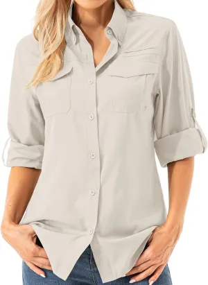 Womens UPF 50  UV Sun Protection Safari Shirts Long Sleeve Outdoor Cool Quick Dry Fishing Hiking Gardening Shirts