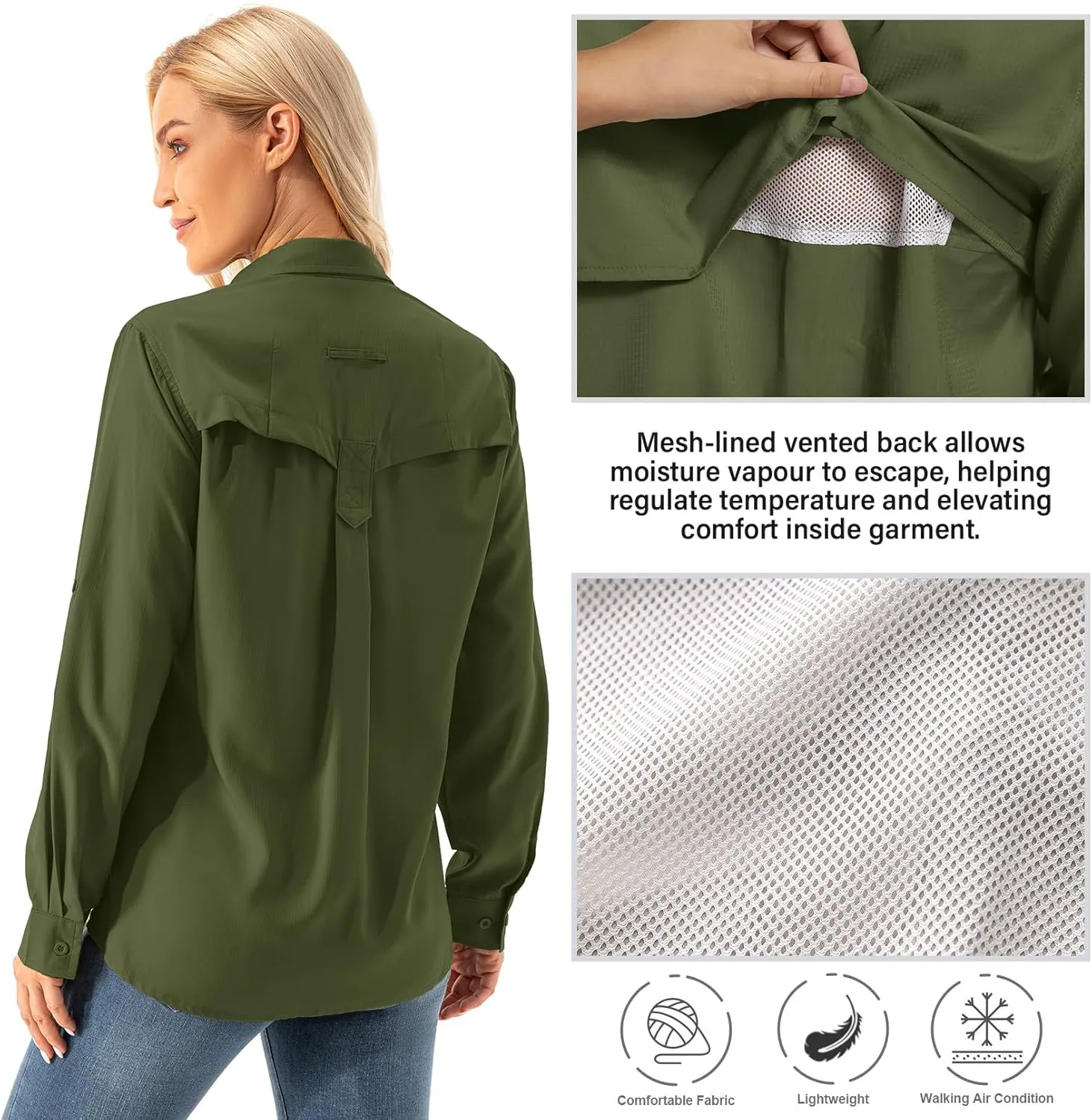 Womens UPF 50  UV Sun Protection Safari Shirts Long Sleeve Outdoor Cool Quick Dry Fishing Hiking Gardening Shirts