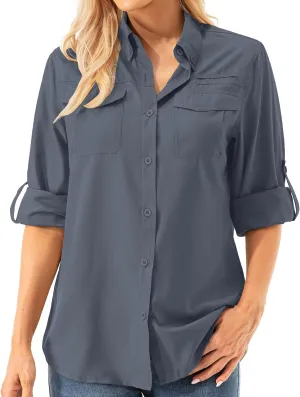Womens UPF 50  UV Sun Protection Safari Shirts Long Sleeve Outdoor Cool Quick Dry Fishing Hiking Gardening Shirts