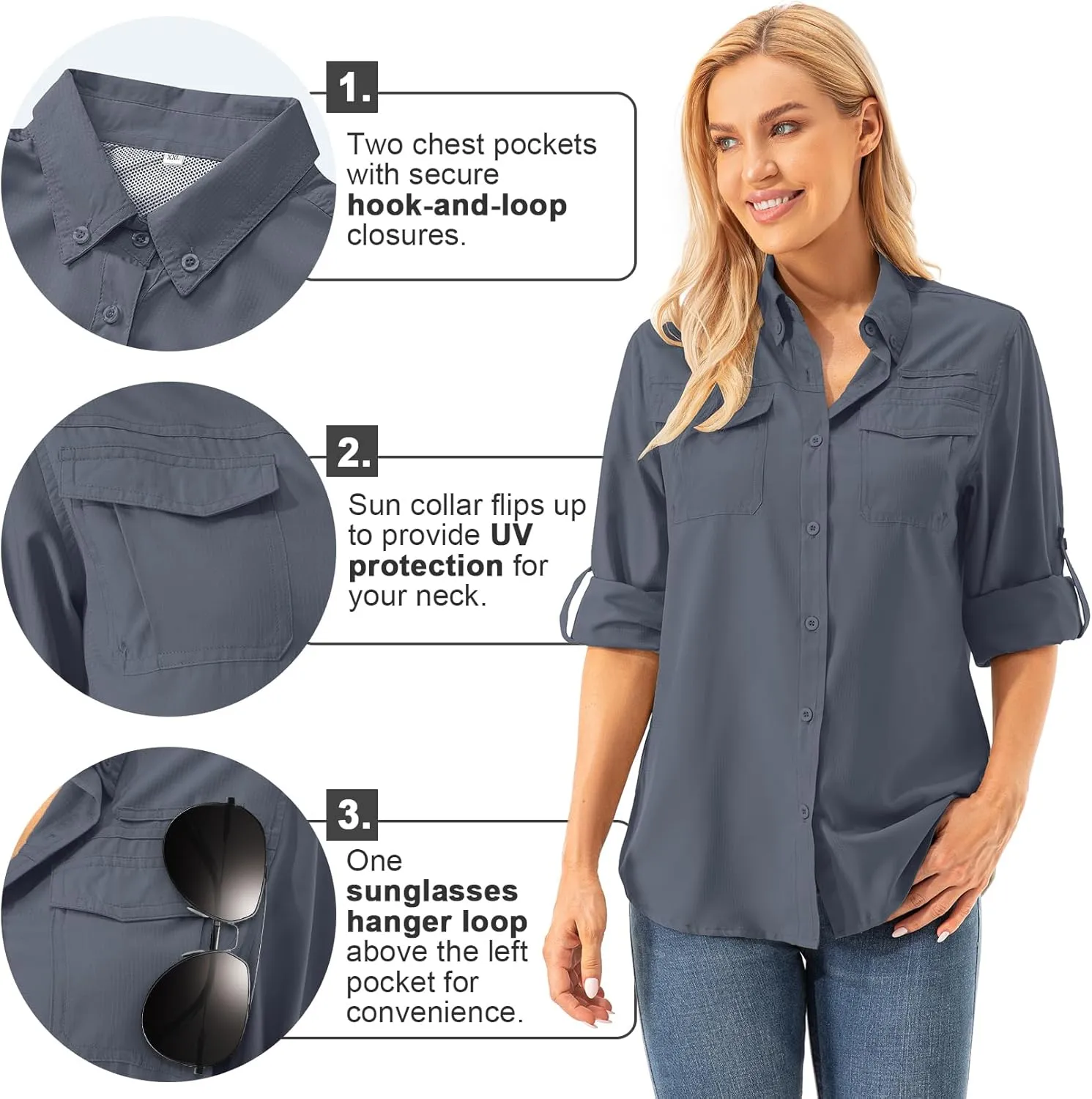 Womens UPF 50  UV Sun Protection Safari Shirts Long Sleeve Outdoor Cool Quick Dry Fishing Hiking Gardening Shirts